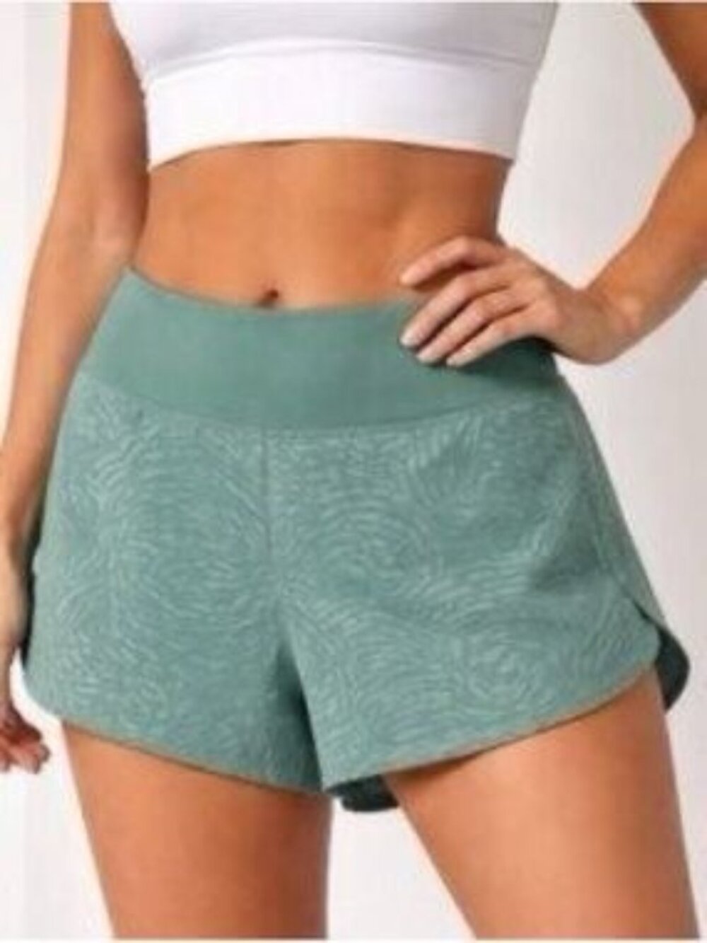 Athleta Teal Printed Running Shorts Women XXS Back Zip Pocket Textured Activewea